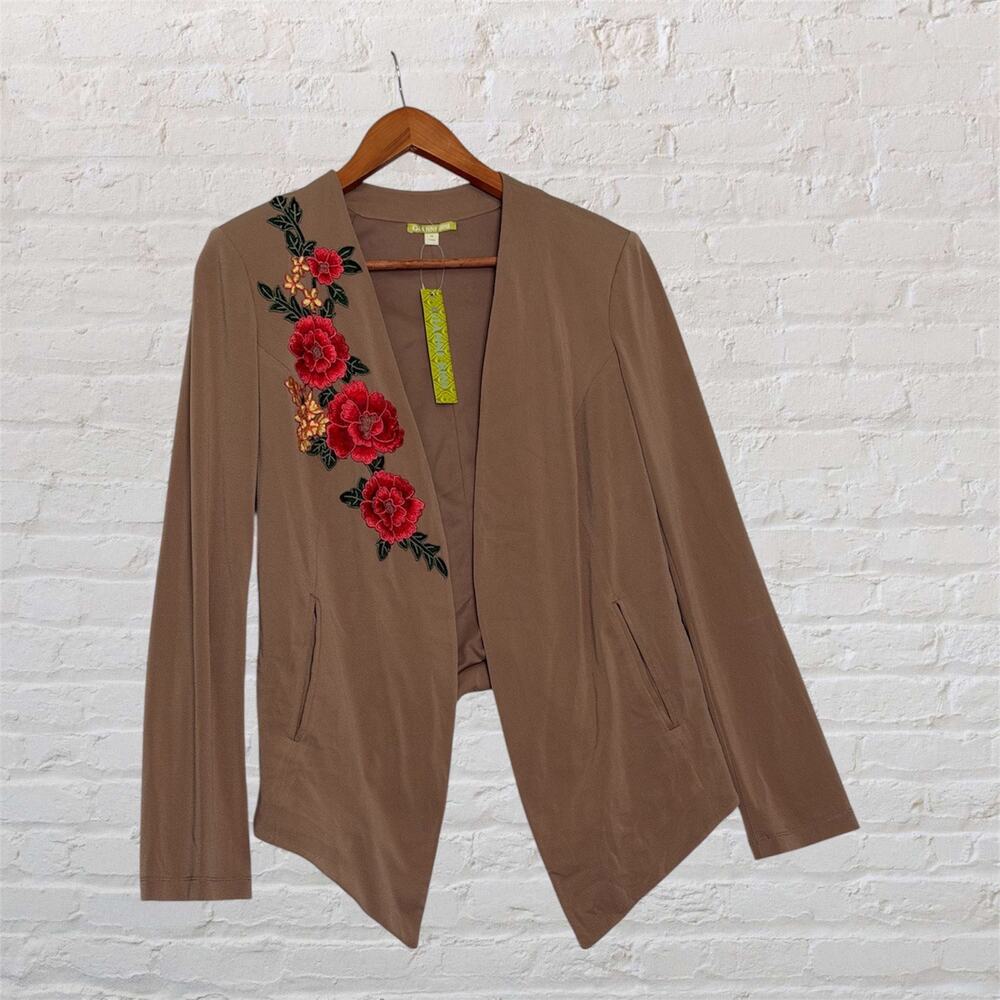 Gianni Bini Embroidered Floral Open Blazer Jacket Brown NWT Women Medium